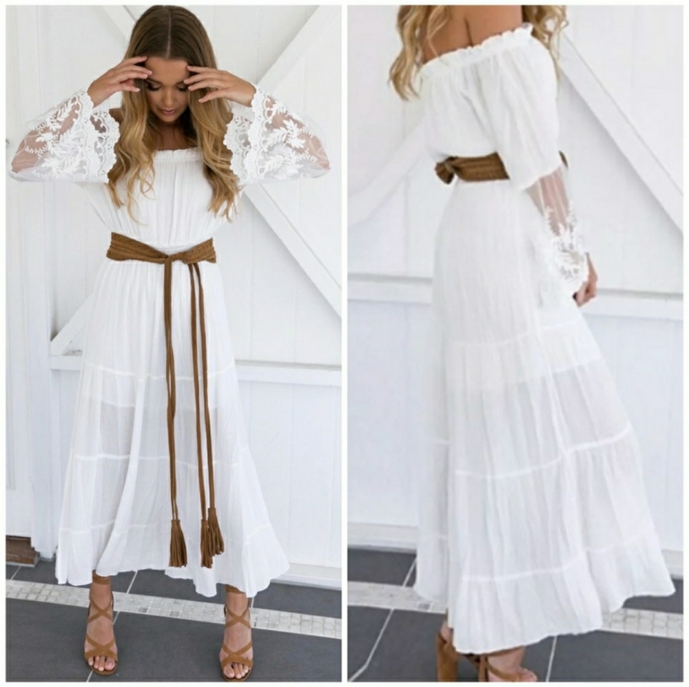 Boho Delicate Lace Off The Shoulder Sheer Dress